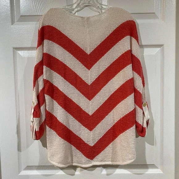 Chicos Womens Sweater 1 Small Chevron Stripe Coral Salmon Ivory Roll-Tab Dolman - Picture 8 of 10